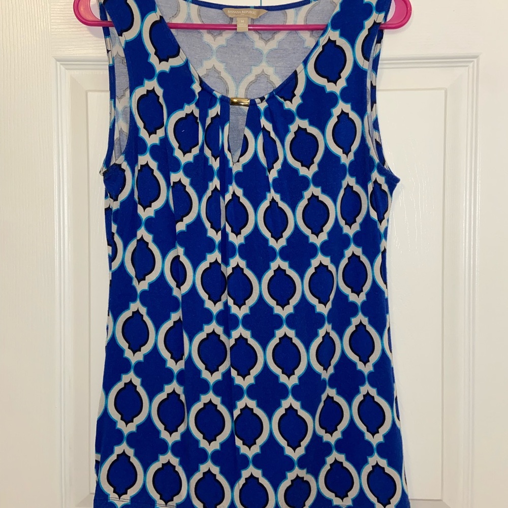 Banana Republic Blue Patterned Blouse with Gold Keyhole Detail